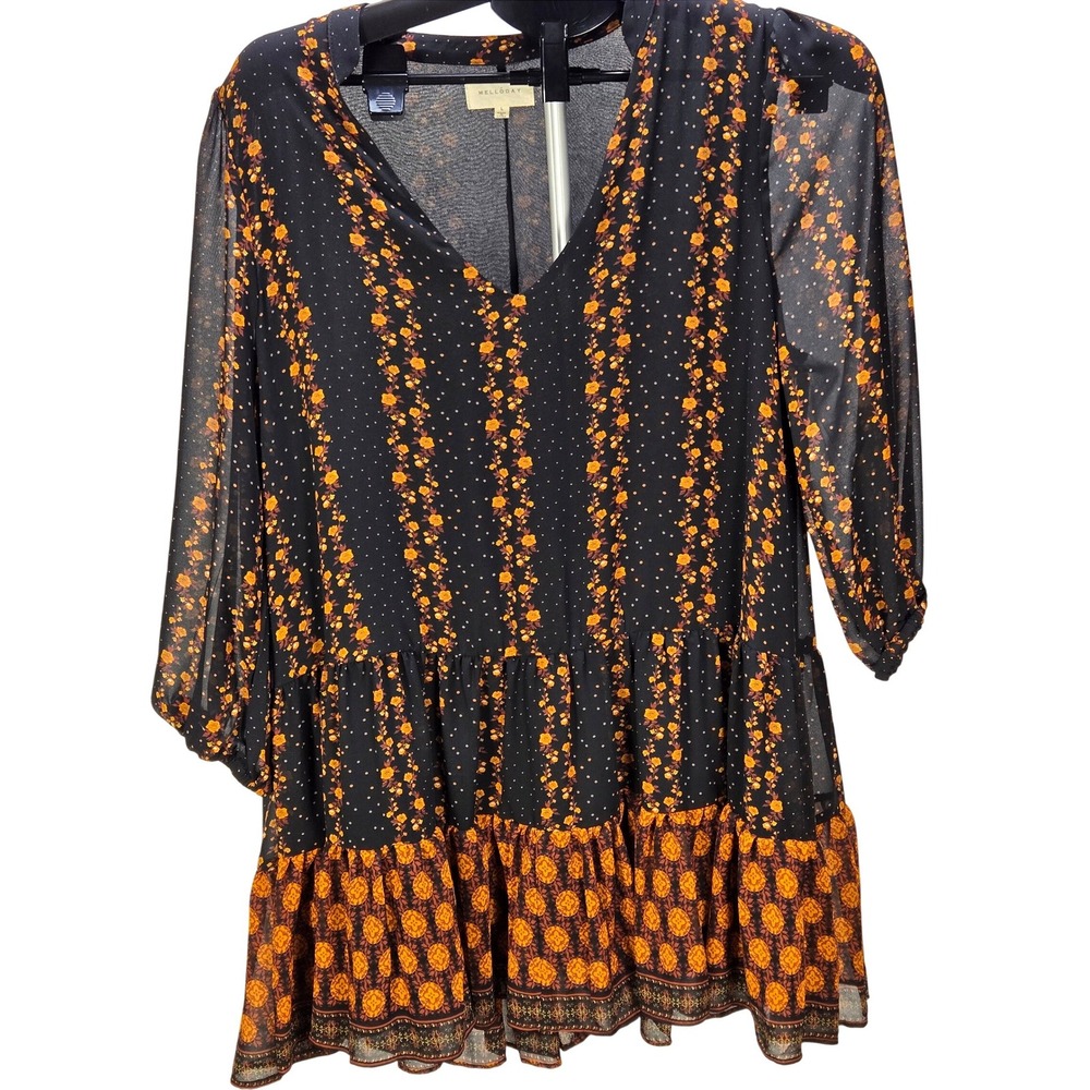 Women's Melloday Large Floral Sheer Sleeve Tiered Mini Dress Boho‎ Garden Party